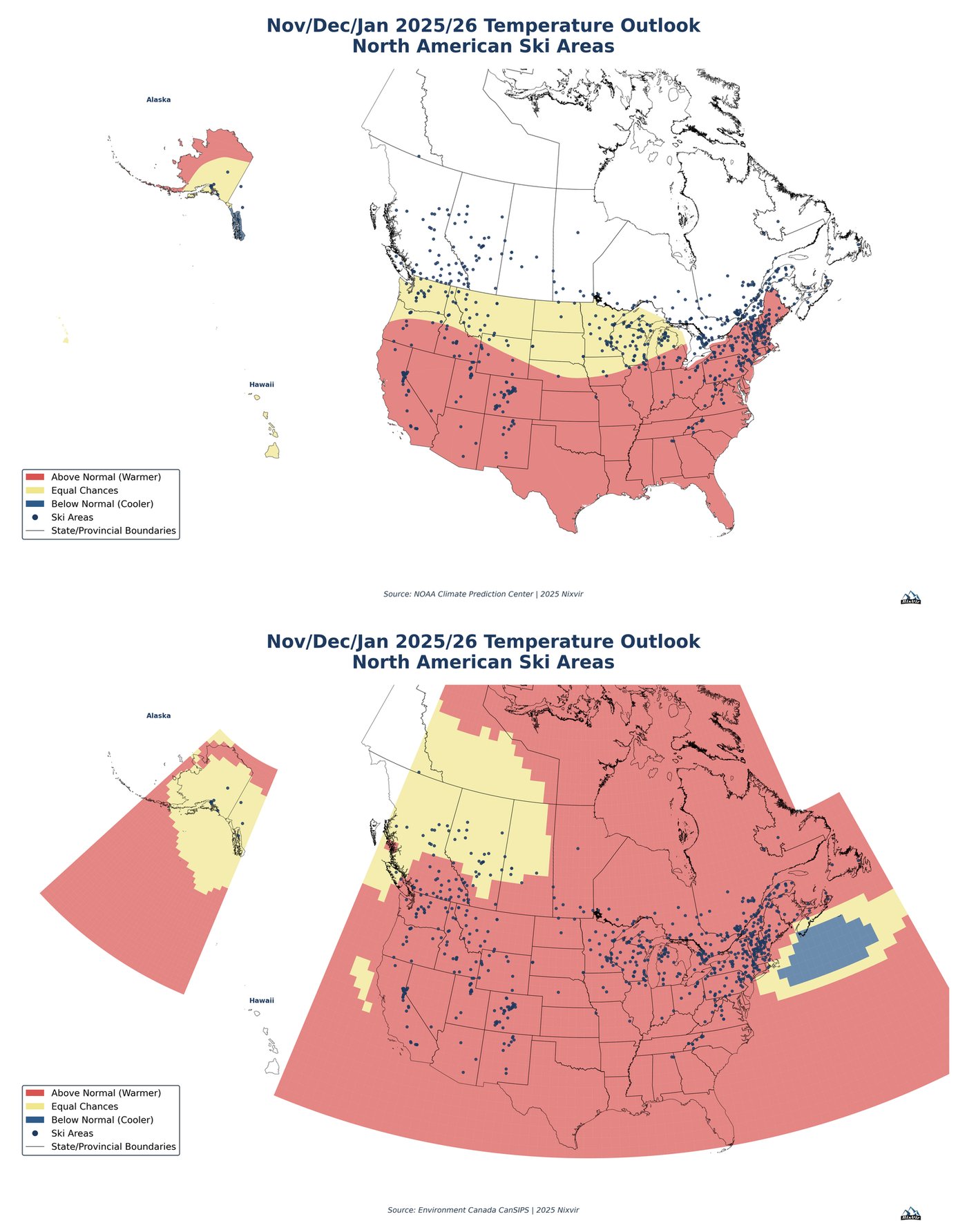 U.S. vs. Canadian Winter 2025/26 Weather Forecasts for November through January and Impacts on the Ski Industry